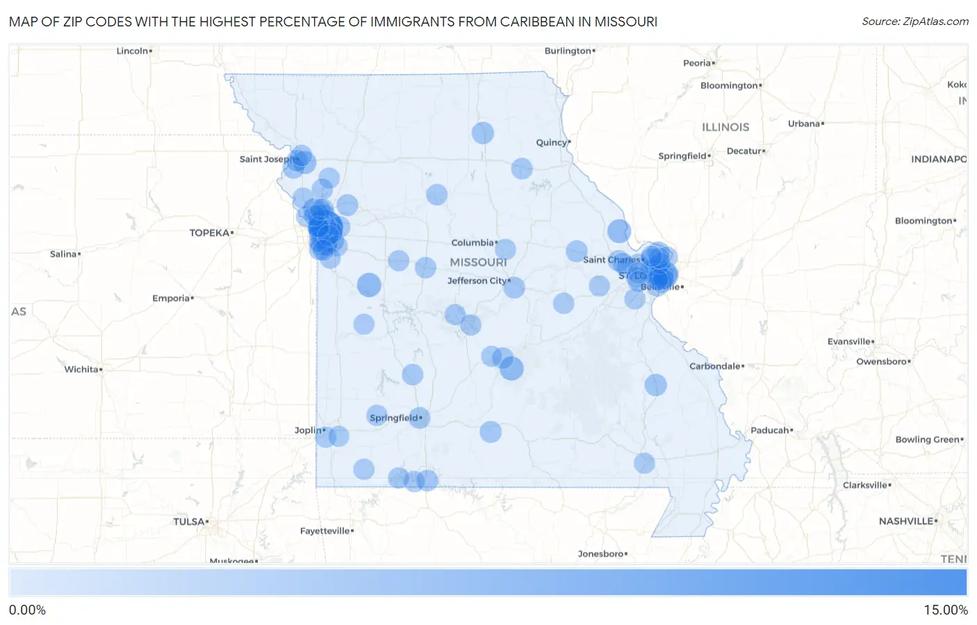 Zip Codes with the Highest Percentage of Immigrants from Caribbean in Missouri Map