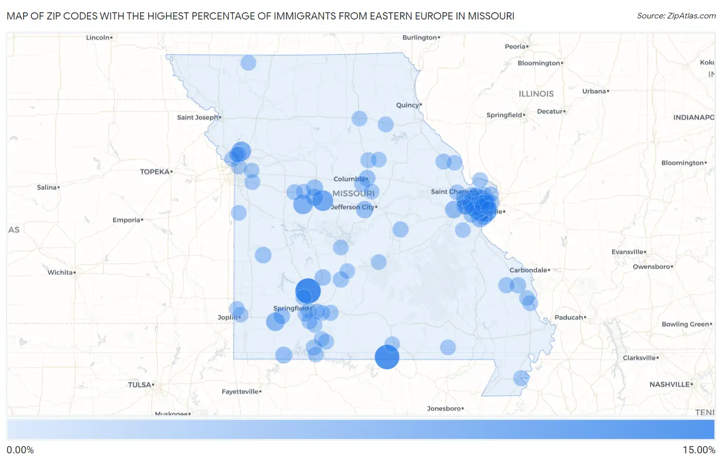 Zip Codes with the Highest Percentage of Immigrants from Eastern Europe in Missouri Map