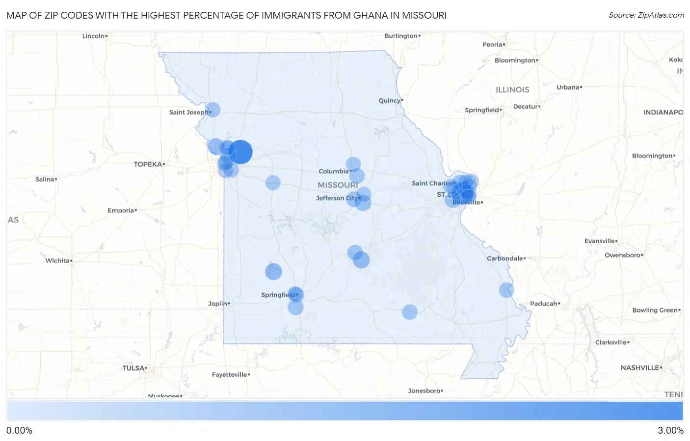 Zip Codes with the Highest Percentage of Immigrants from Ghana in Missouri Map