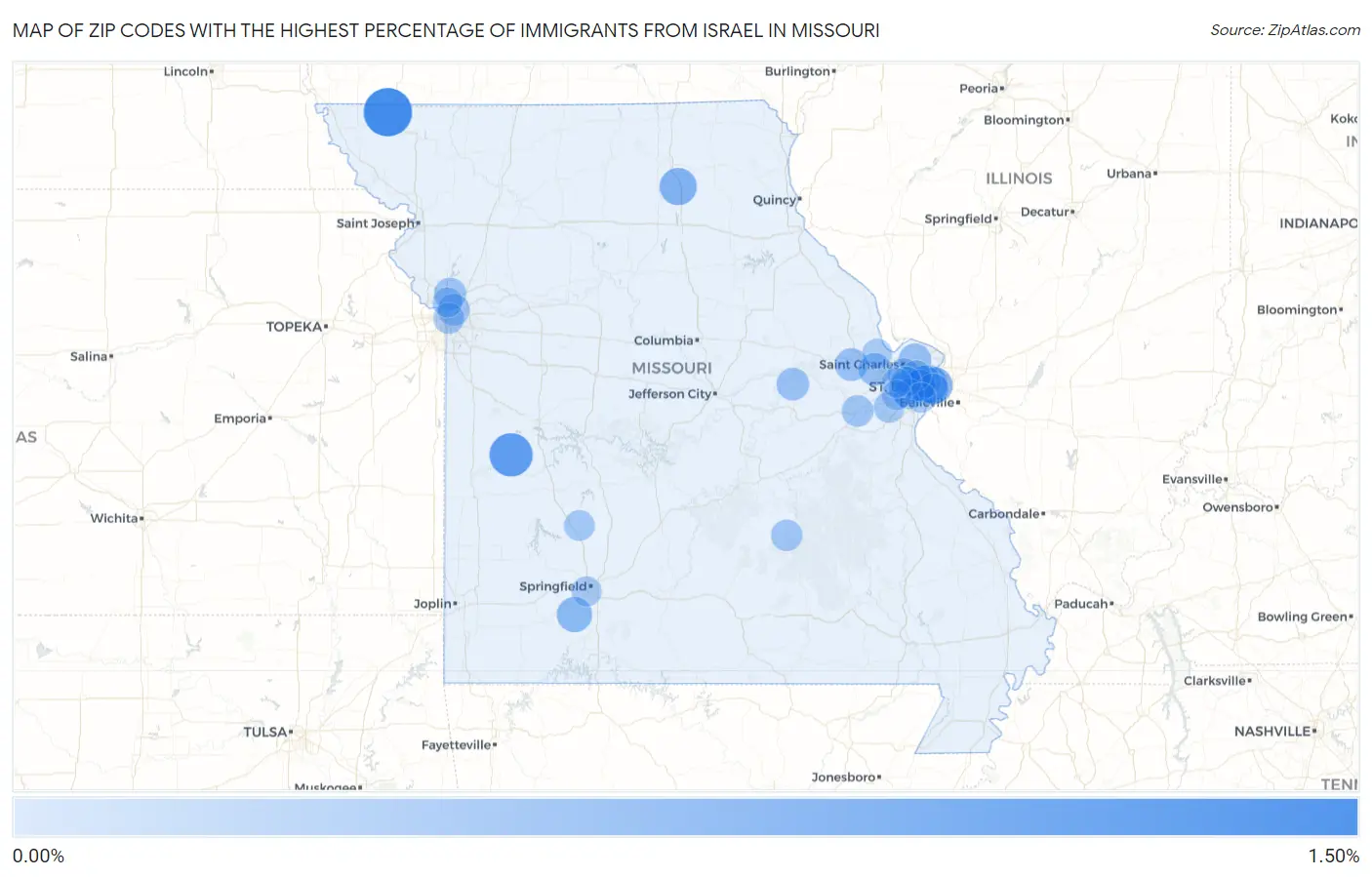 Zip Codes with the Highest Percentage of Immigrants from Israel in Missouri Map