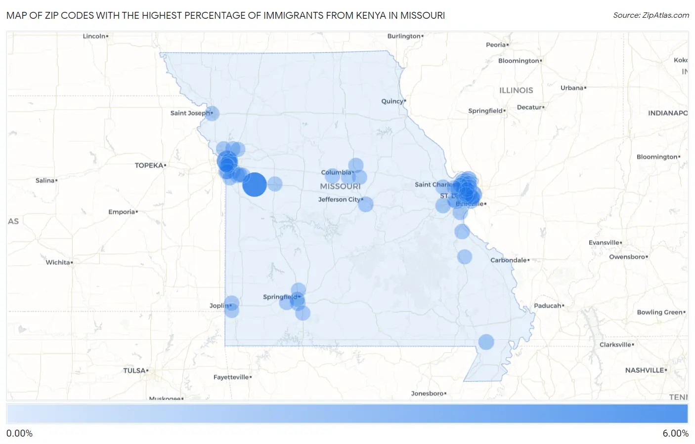 Zip Codes with the Highest Percentage of Immigrants from Kenya in Missouri Map