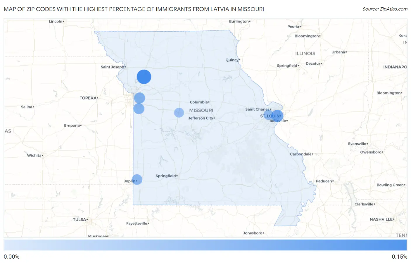 Zip Codes with the Highest Percentage of Immigrants from Latvia in Missouri Map