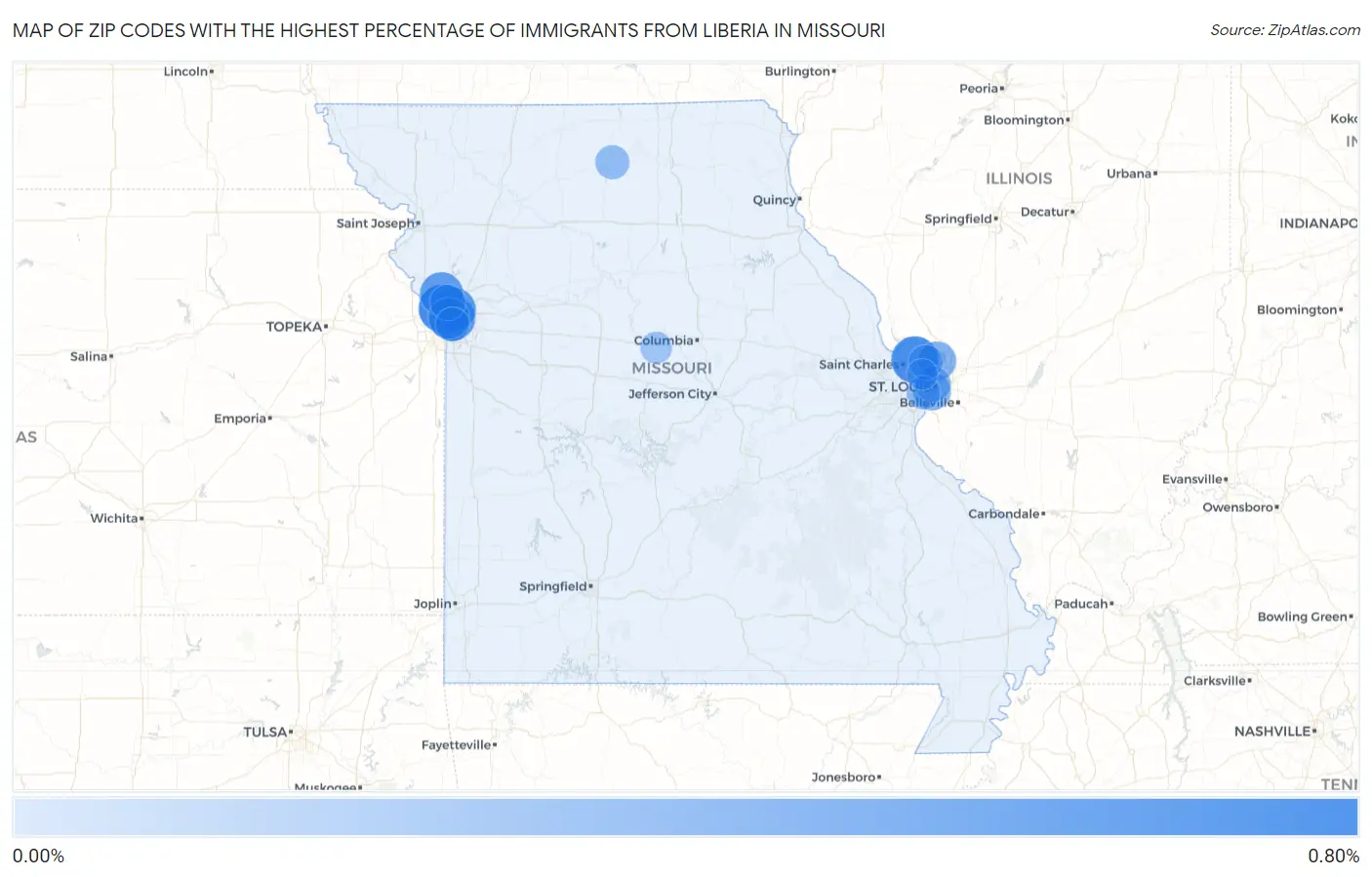 Zip Codes with the Highest Percentage of Immigrants from Liberia in Missouri Map
