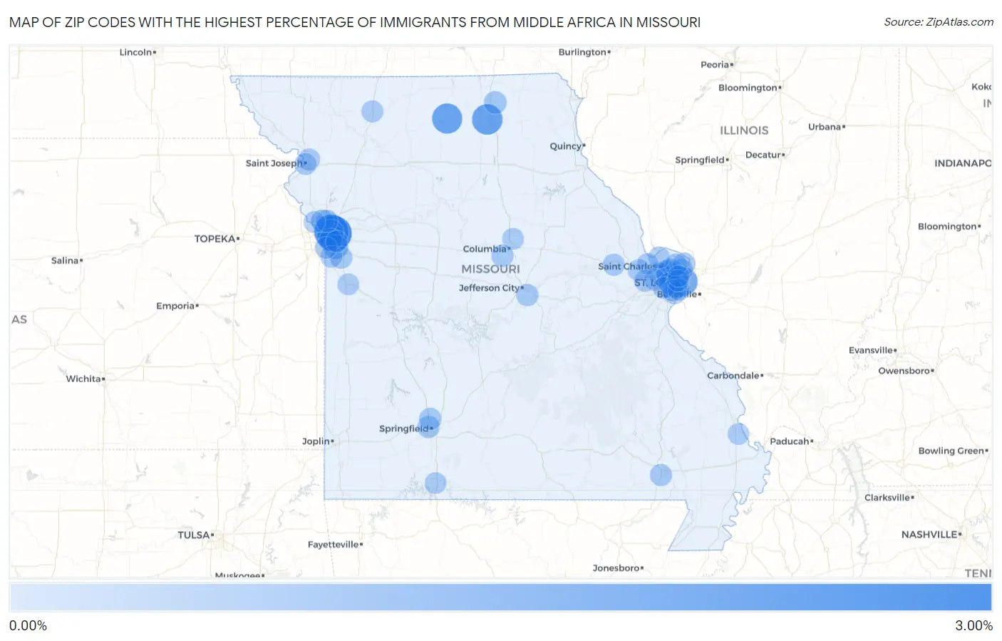 Zip Codes with the Highest Percentage of Immigrants from Middle Africa in Missouri Map