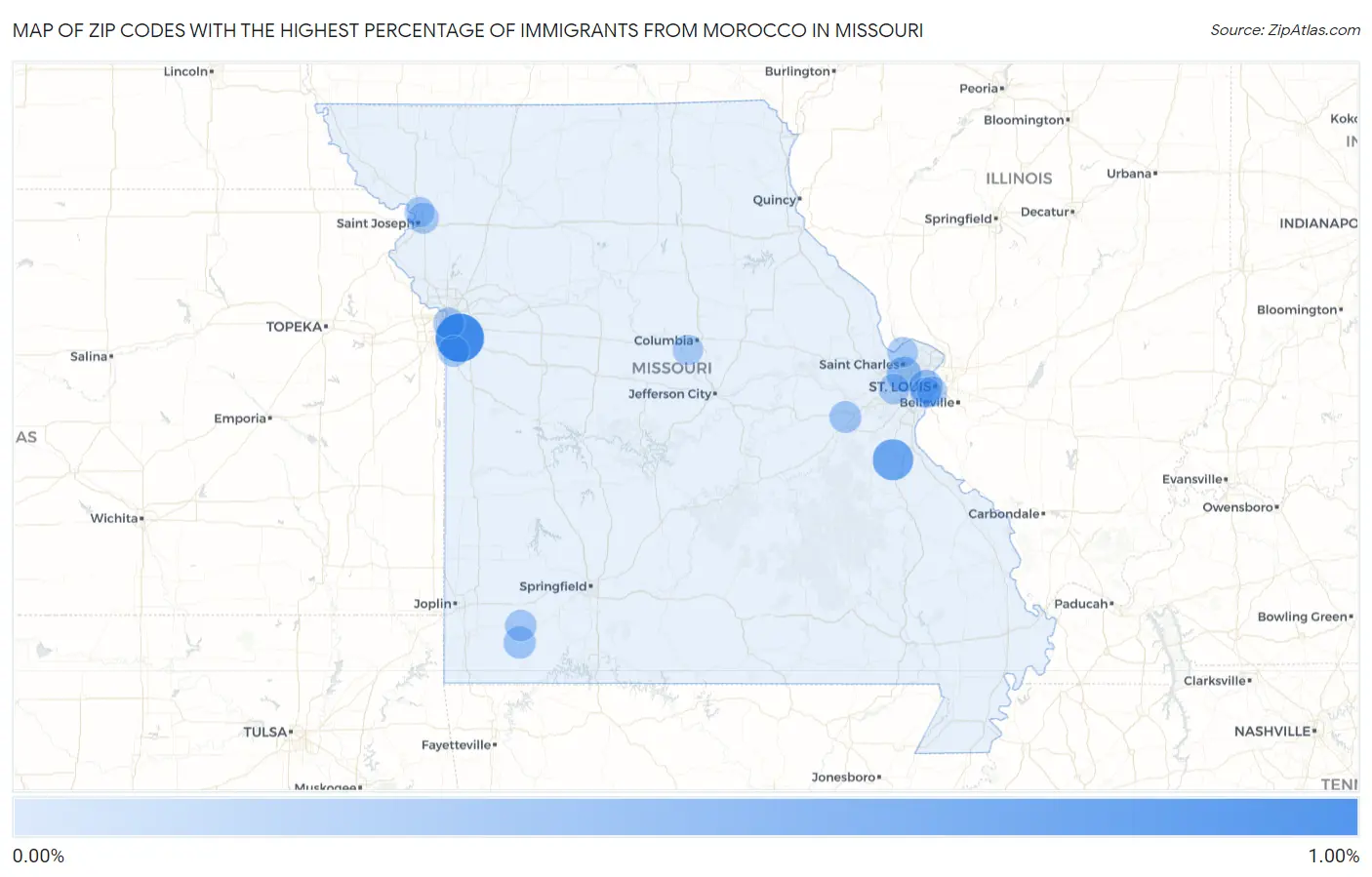 Zip Codes with the Highest Percentage of Immigrants from Morocco in Missouri Map