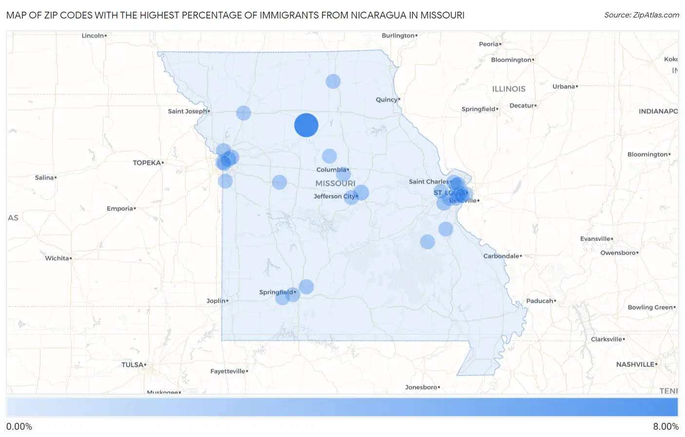 Zip Codes with the Highest Percentage of Immigrants from Nicaragua in Missouri Map