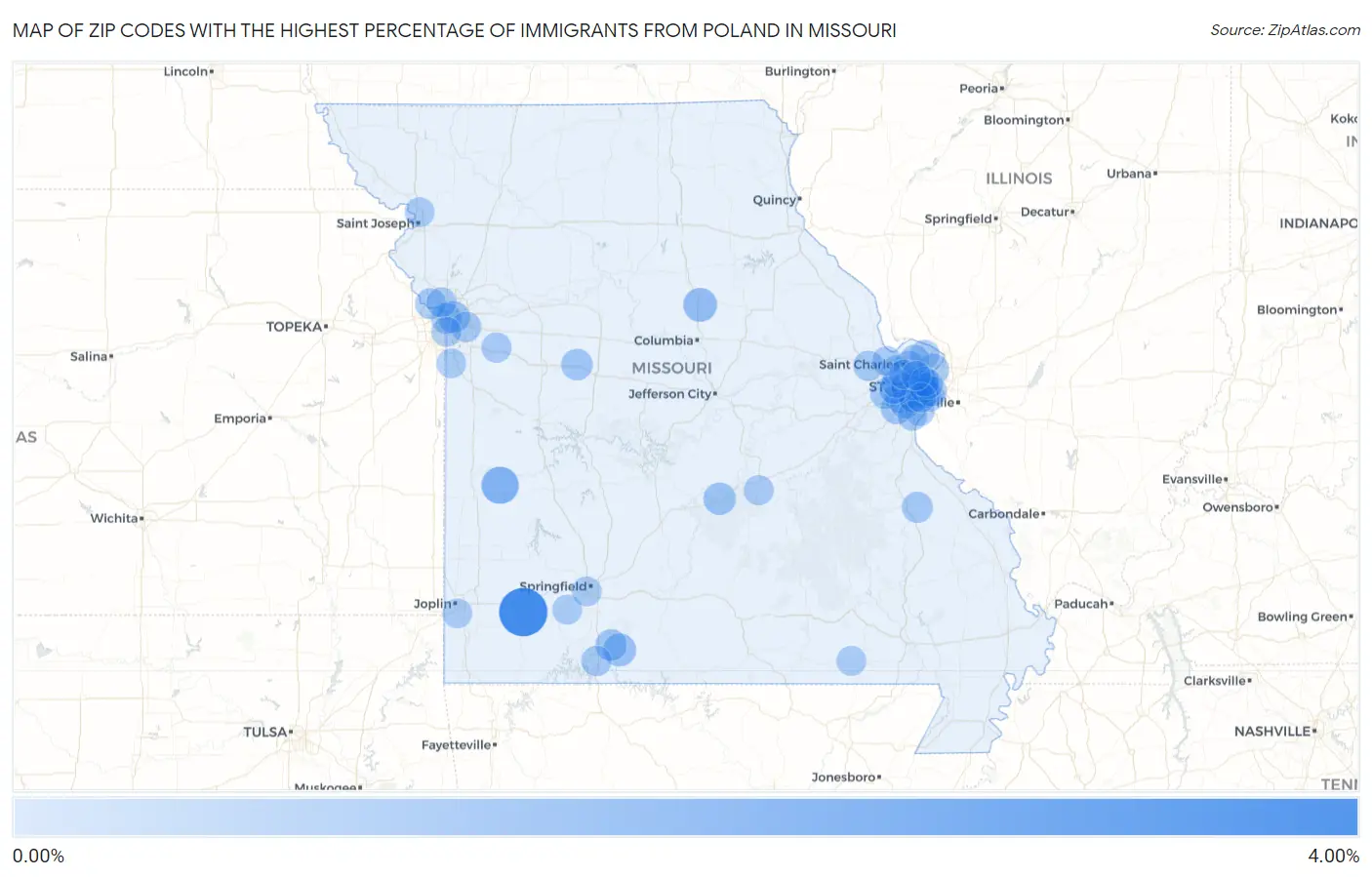 Zip Codes with the Highest Percentage of Immigrants from Poland in Missouri Map