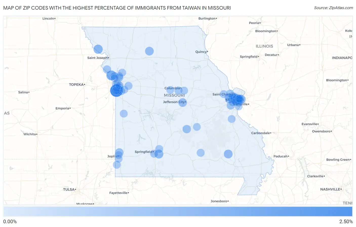 Zip Codes with the Highest Percentage of Immigrants from Taiwan in Missouri Map