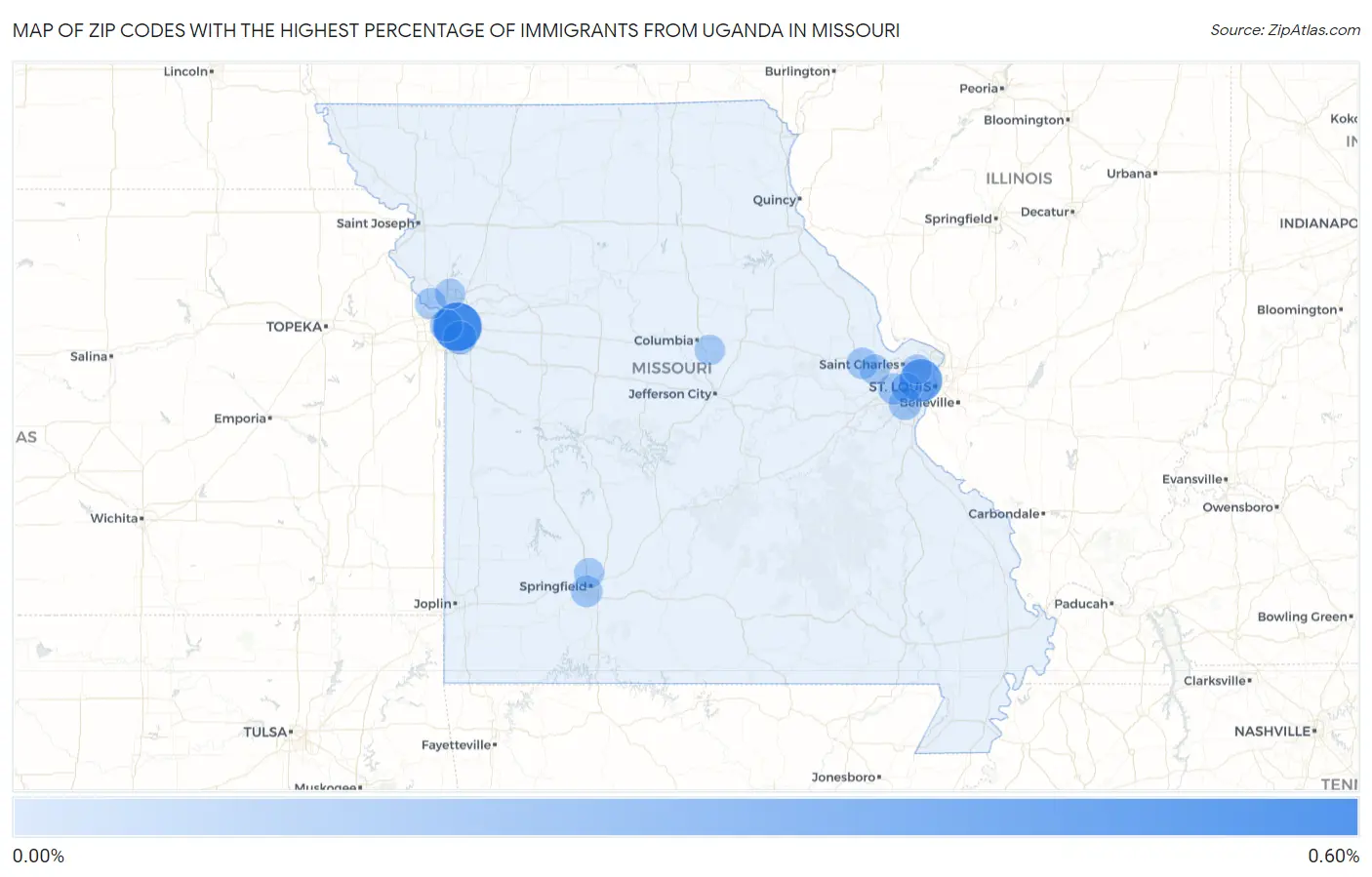 Zip Codes with the Highest Percentage of Immigrants from Uganda in Missouri Map