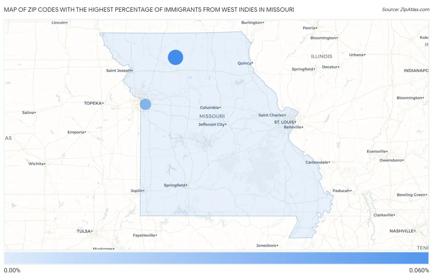 Zip Codes with the Highest Percentage of Immigrants from West Indies in Missouri Map