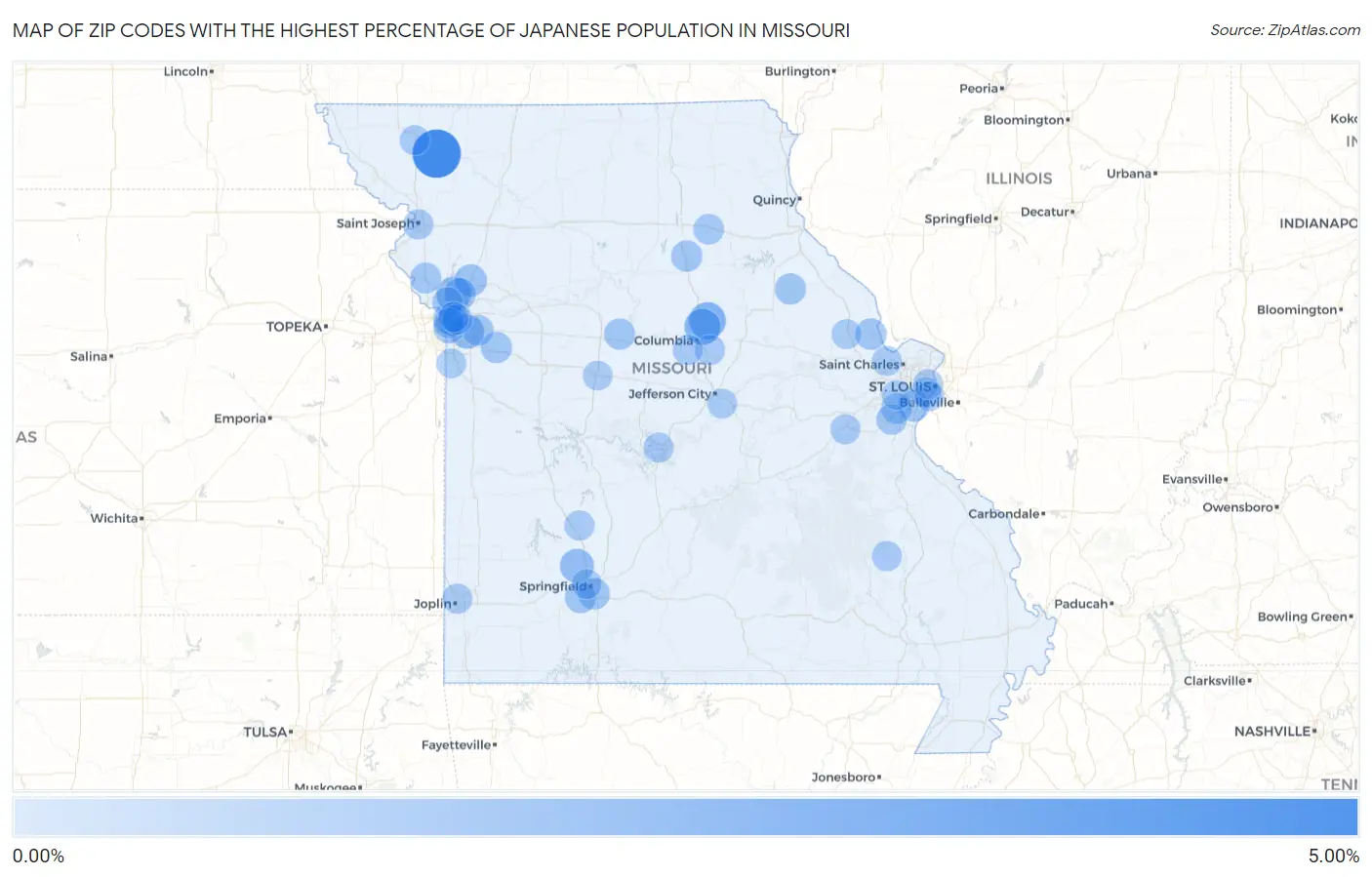 Zip Codes with the Highest Percentage of Japanese Population in Missouri Map