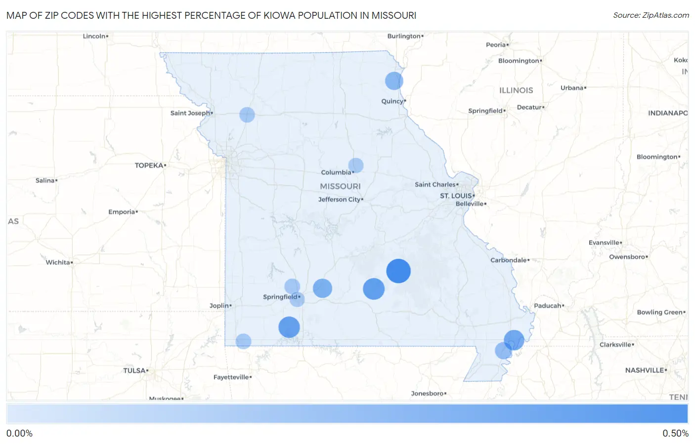 Zip Codes with the Highest Percentage of Kiowa Population in Missouri Map
