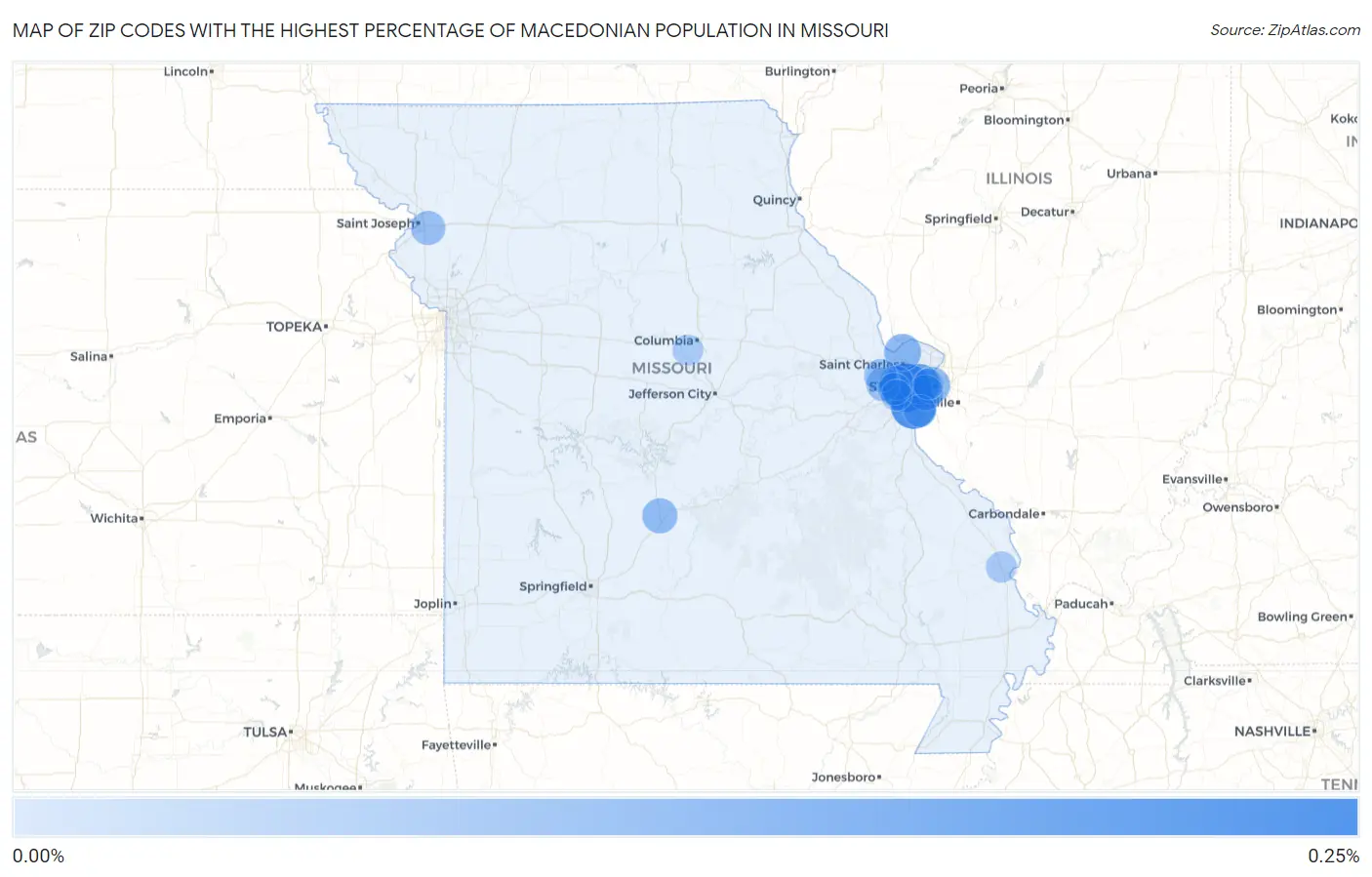Zip Codes with the Highest Percentage of Macedonian Population in Missouri Map