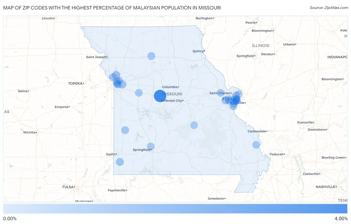 Zip Codes with the Highest Percentage of Malaysian Population in Missouri Map