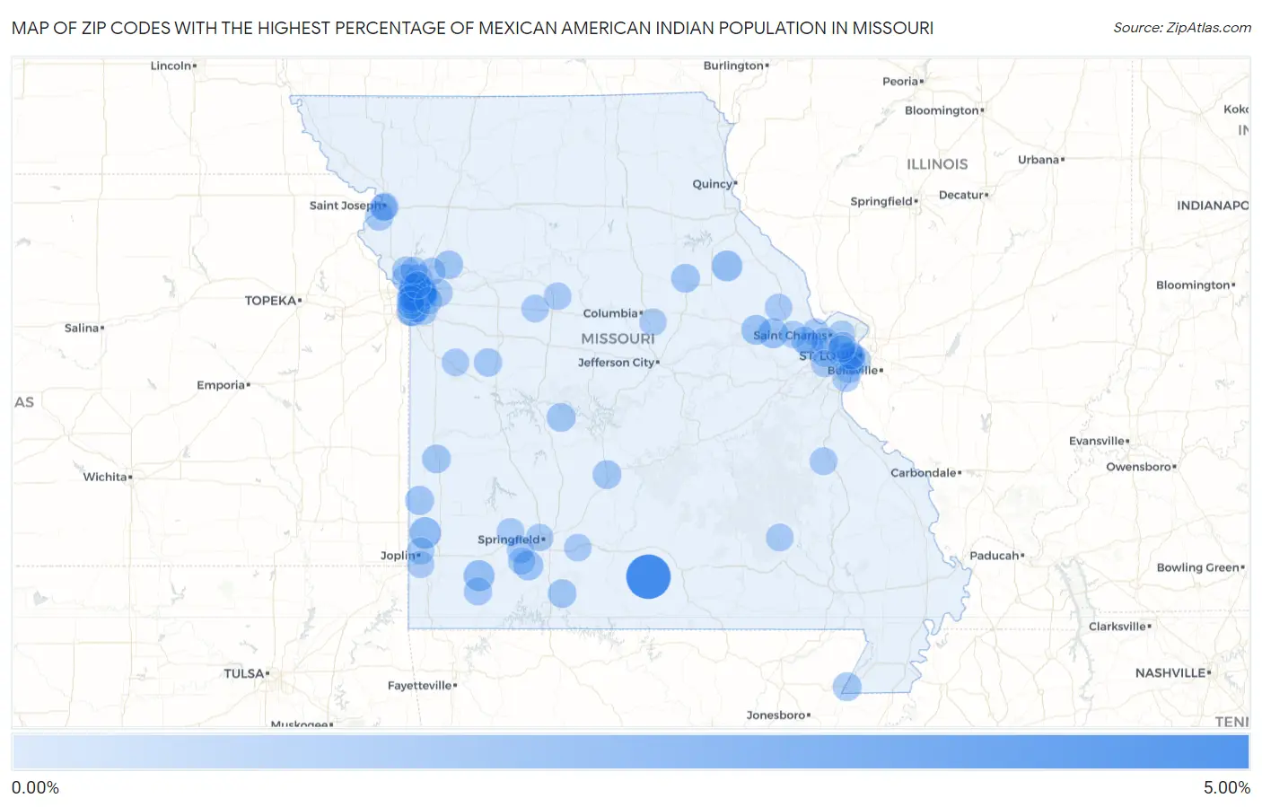 Zip Codes with the Highest Percentage of Mexican American Indian Population in Missouri Map