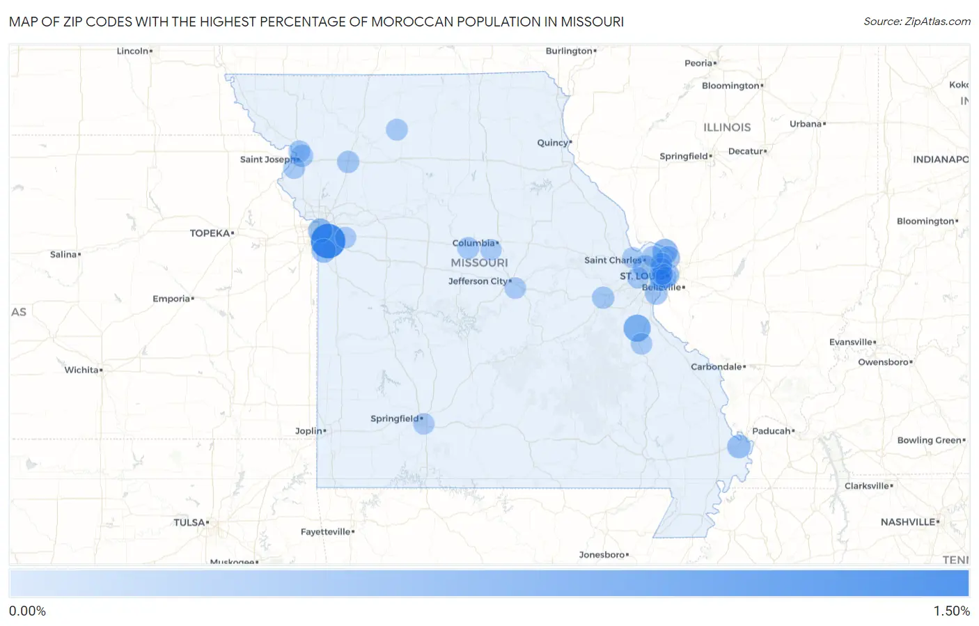 Zip Codes with the Highest Percentage of Moroccan Population in Missouri Map
