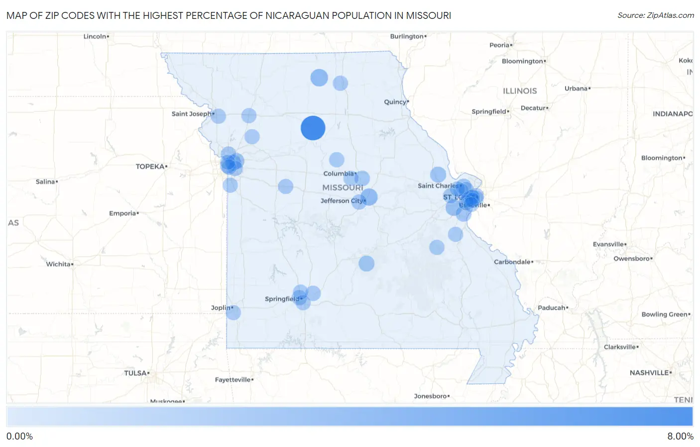 Zip Codes with the Highest Percentage of Nicaraguan Population in Missouri Map