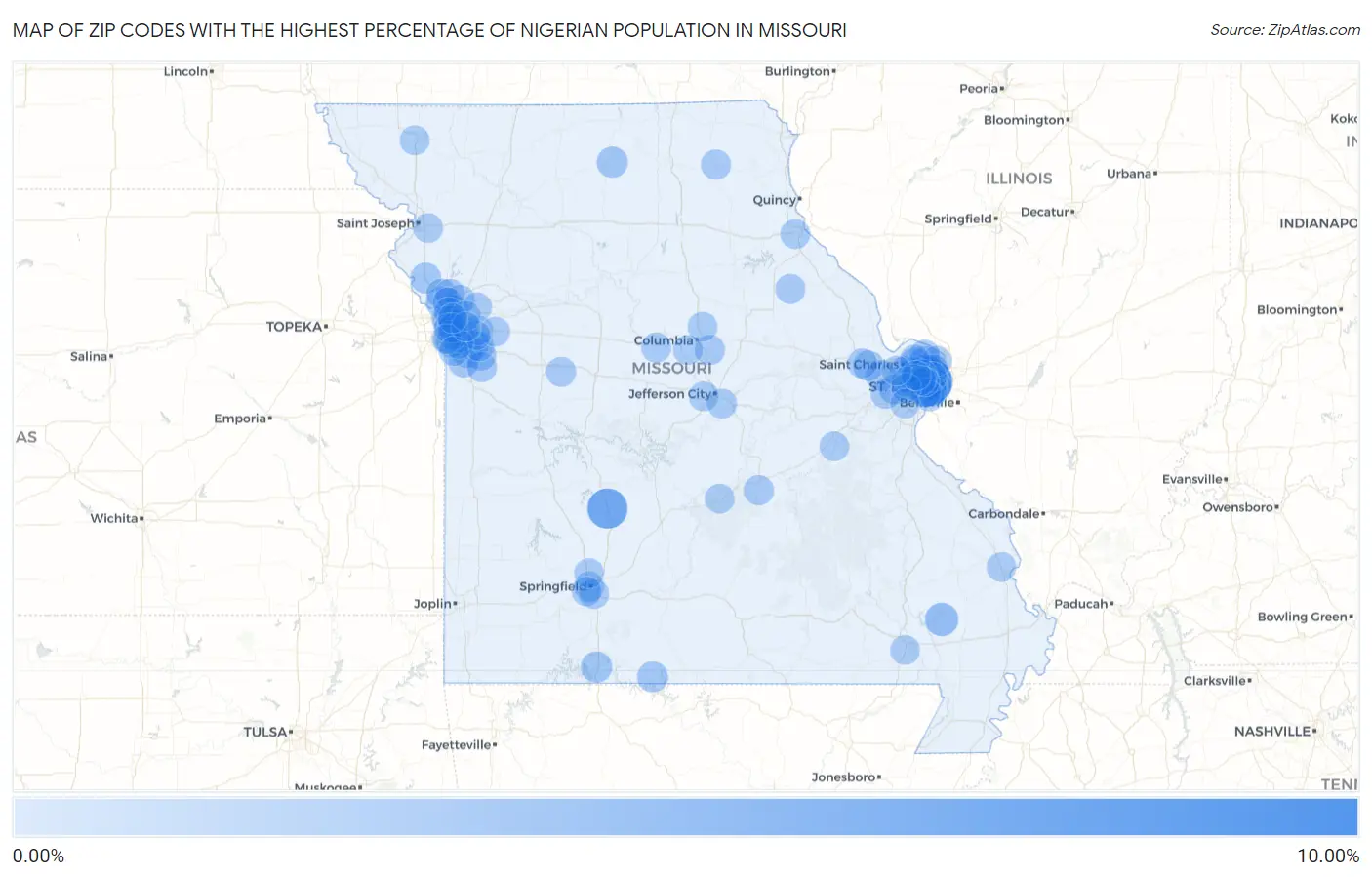 Zip Codes with the Highest Percentage of Nigerian Population in Missouri Map
