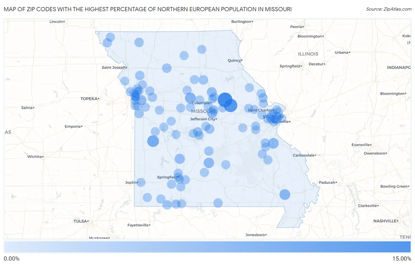 Zip Codes with the Highest Percentage of Northern European Population in Missouri Map
