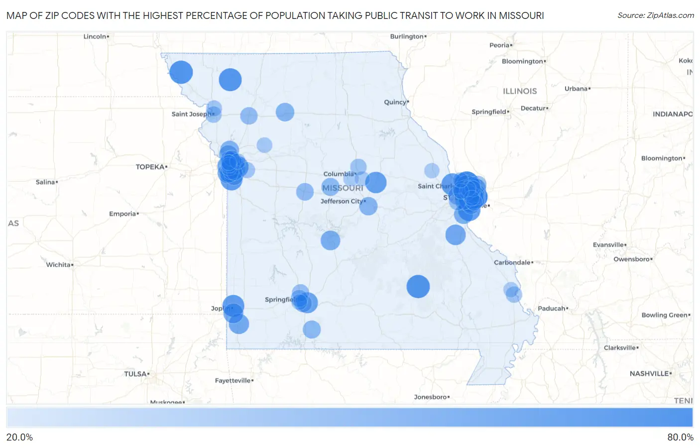 Zip Codes with the Highest Percentage of Population Taking Public Transit to Work in Missouri Map