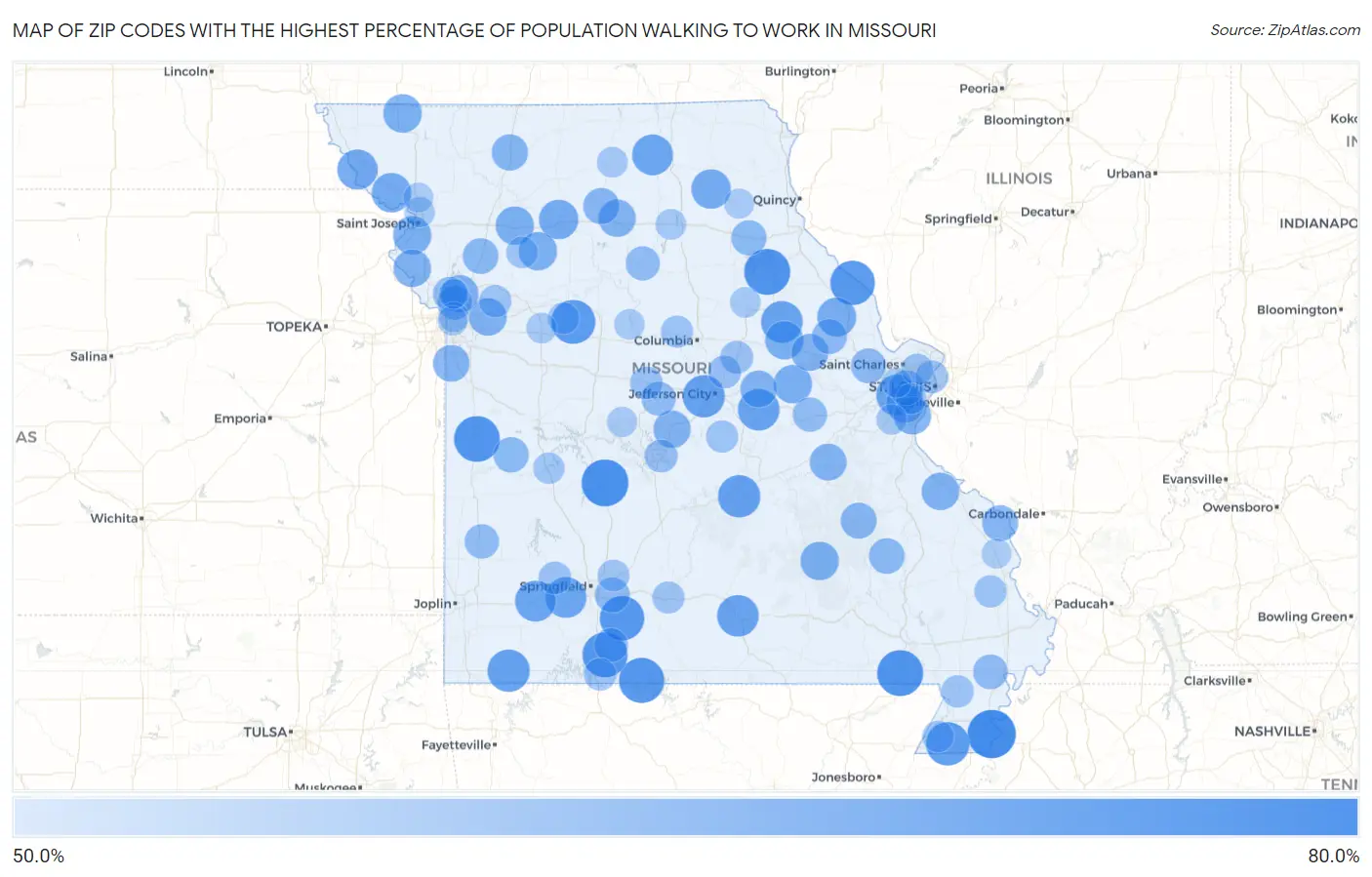 Zip Codes with the Highest Percentage of Population Walking to Work in Missouri Map