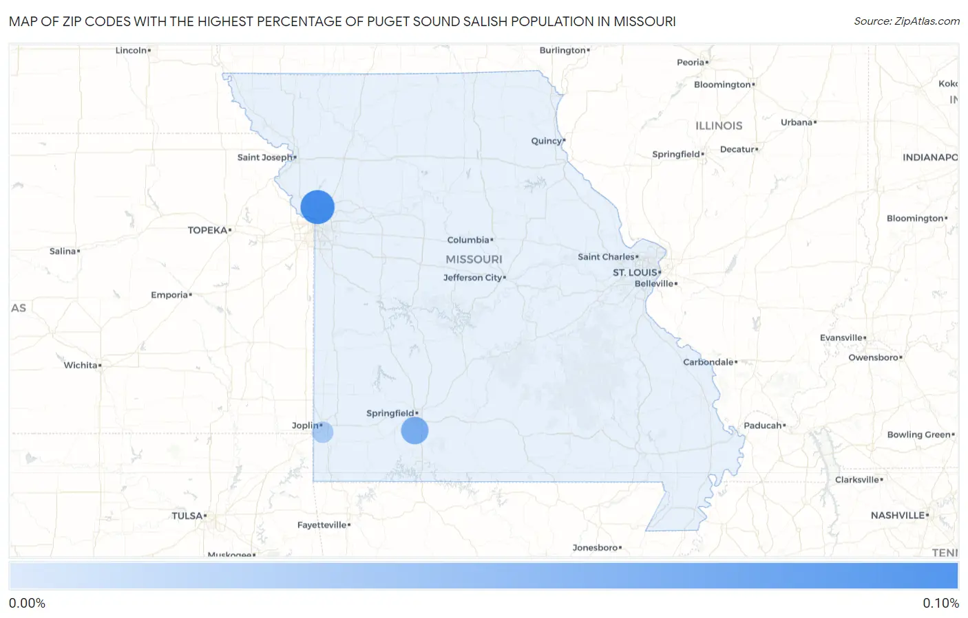 Zip Codes with the Highest Percentage of Puget Sound Salish Population in Missouri Map