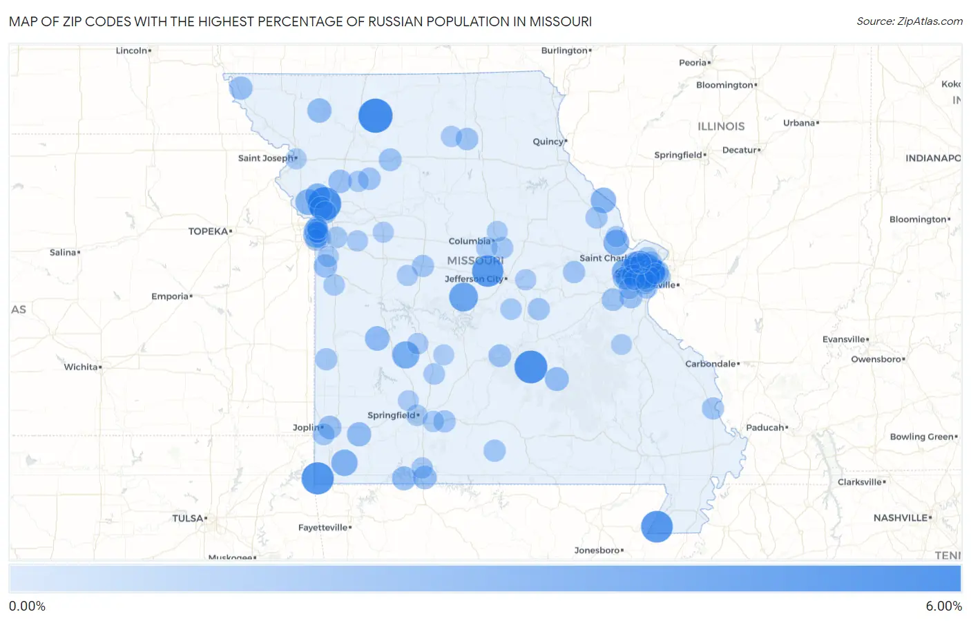 Zip Codes with the Highest Percentage of Russian Population in Missouri Map