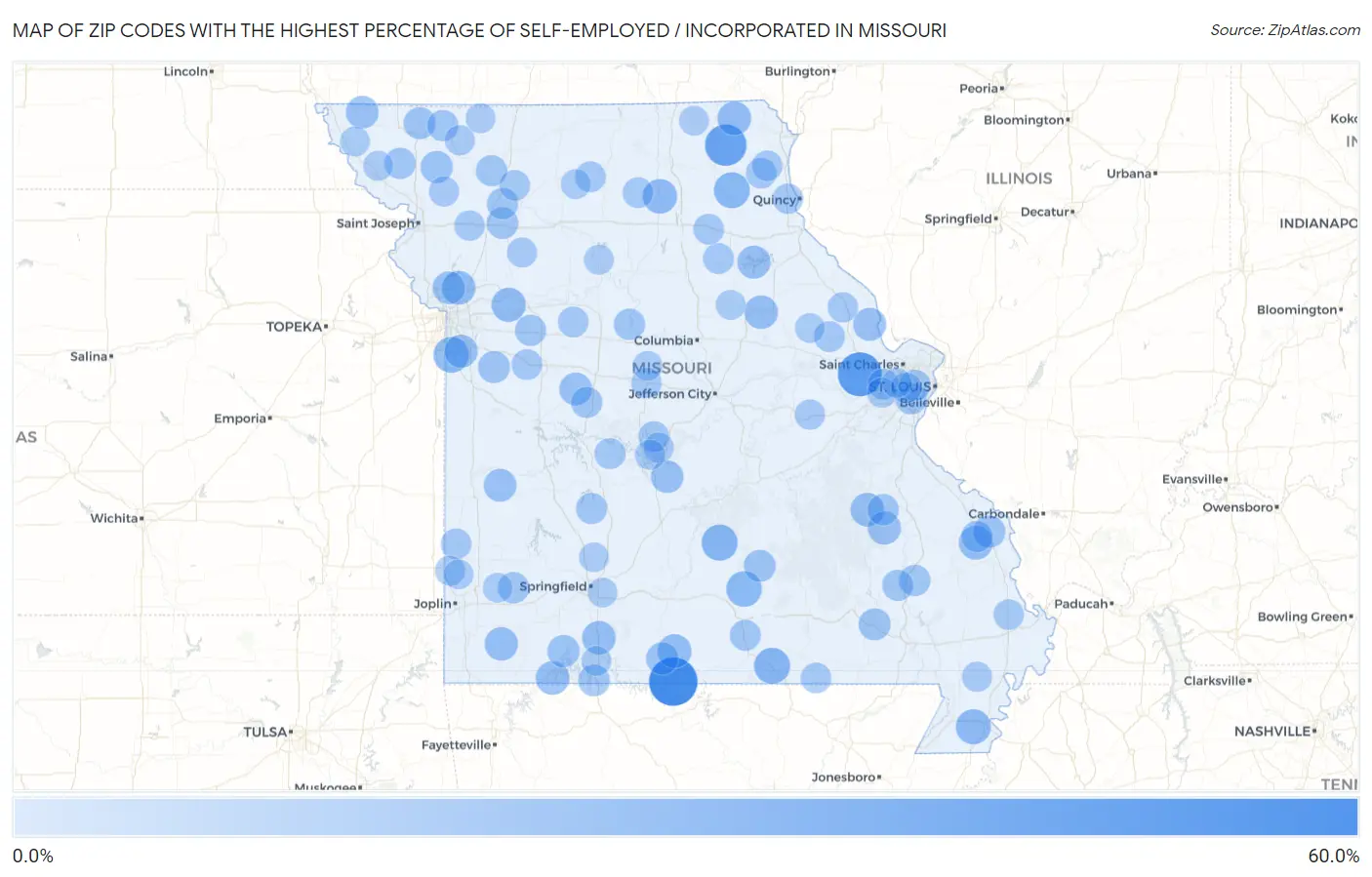 Zip Codes with the Highest Percentage of Self-Employed / Incorporated in Missouri Map