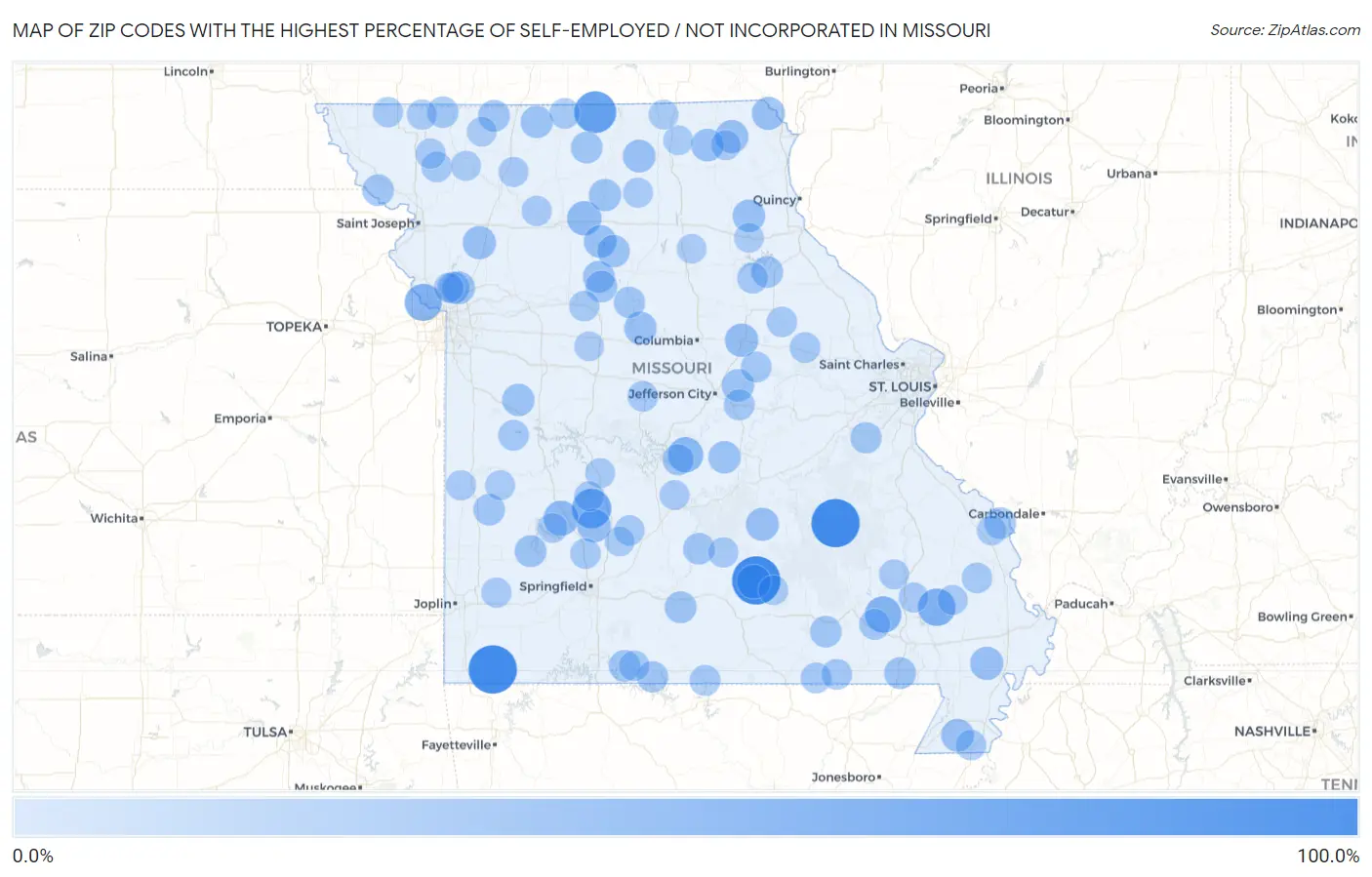 Zip Codes with the Highest Percentage of Self-Employed / Not Incorporated in Missouri Map