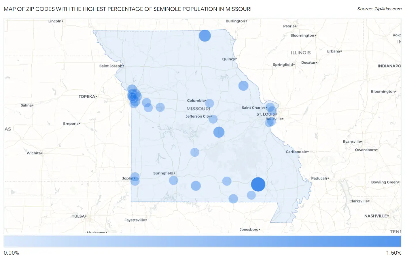 Zip Codes with the Highest Percentage of Seminole Population in Missouri Map