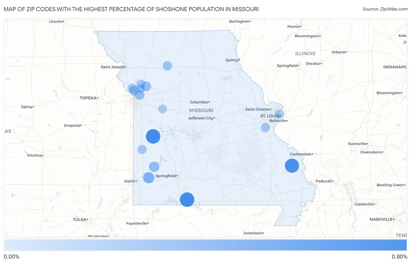 Zip Codes with the Highest Percentage of Shoshone Population in Missouri Map