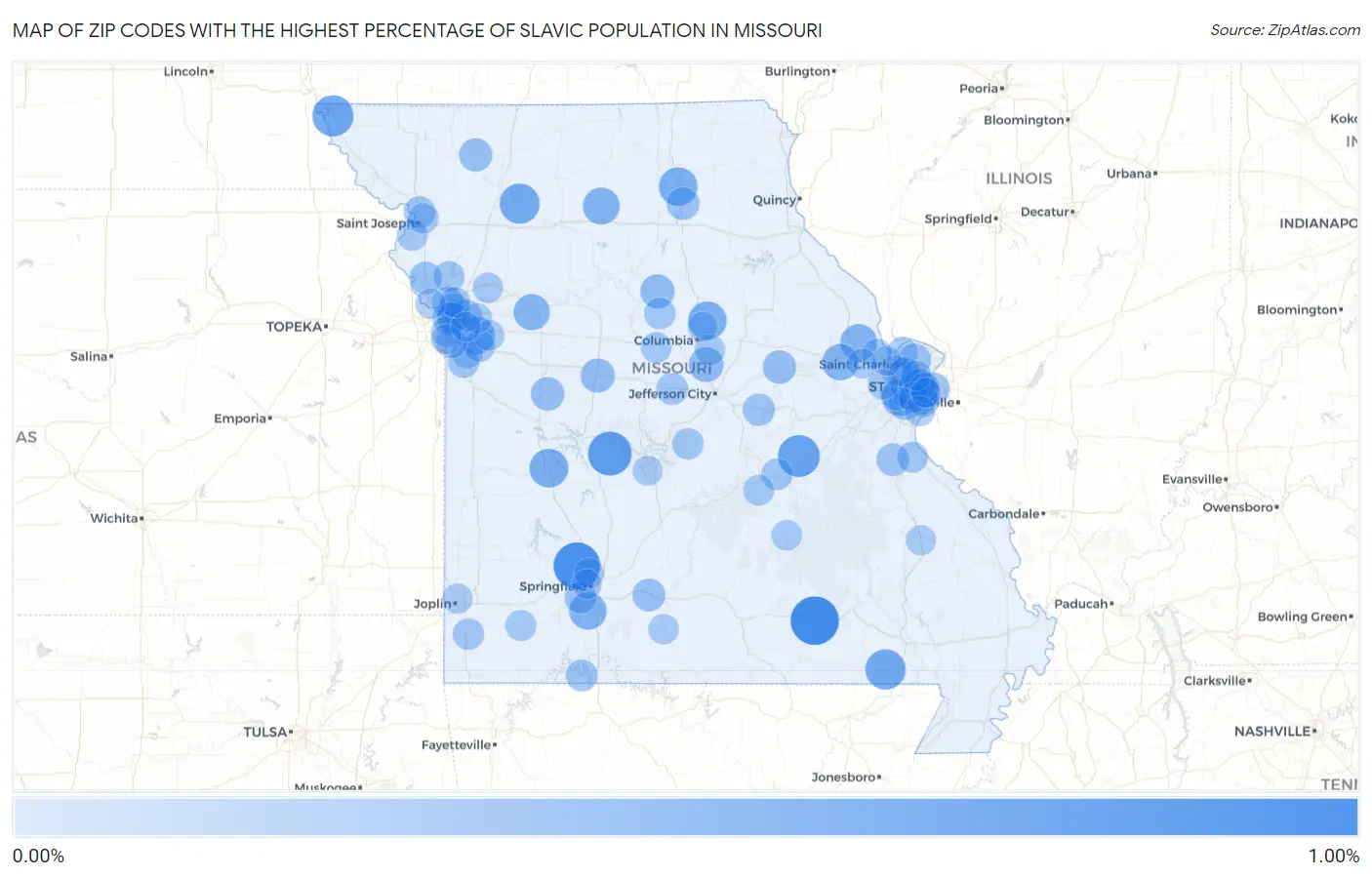 Zip Codes with the Highest Percentage of Slavic Population in Missouri Map