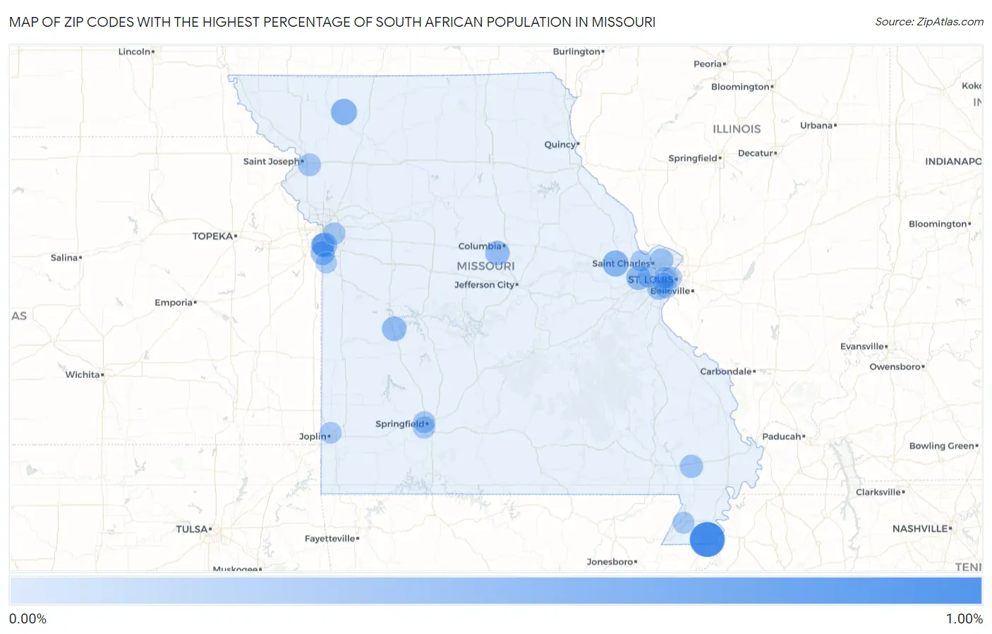 Zip Codes with the Highest Percentage of South African Population in Missouri Map