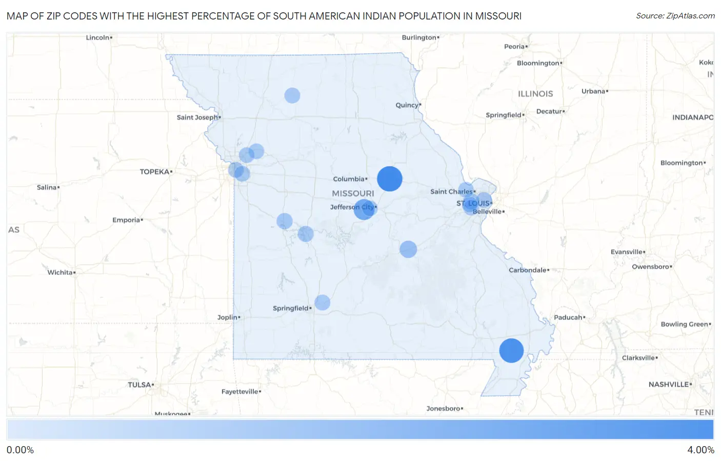 Zip Codes with the Highest Percentage of South American Indian Population in Missouri Map