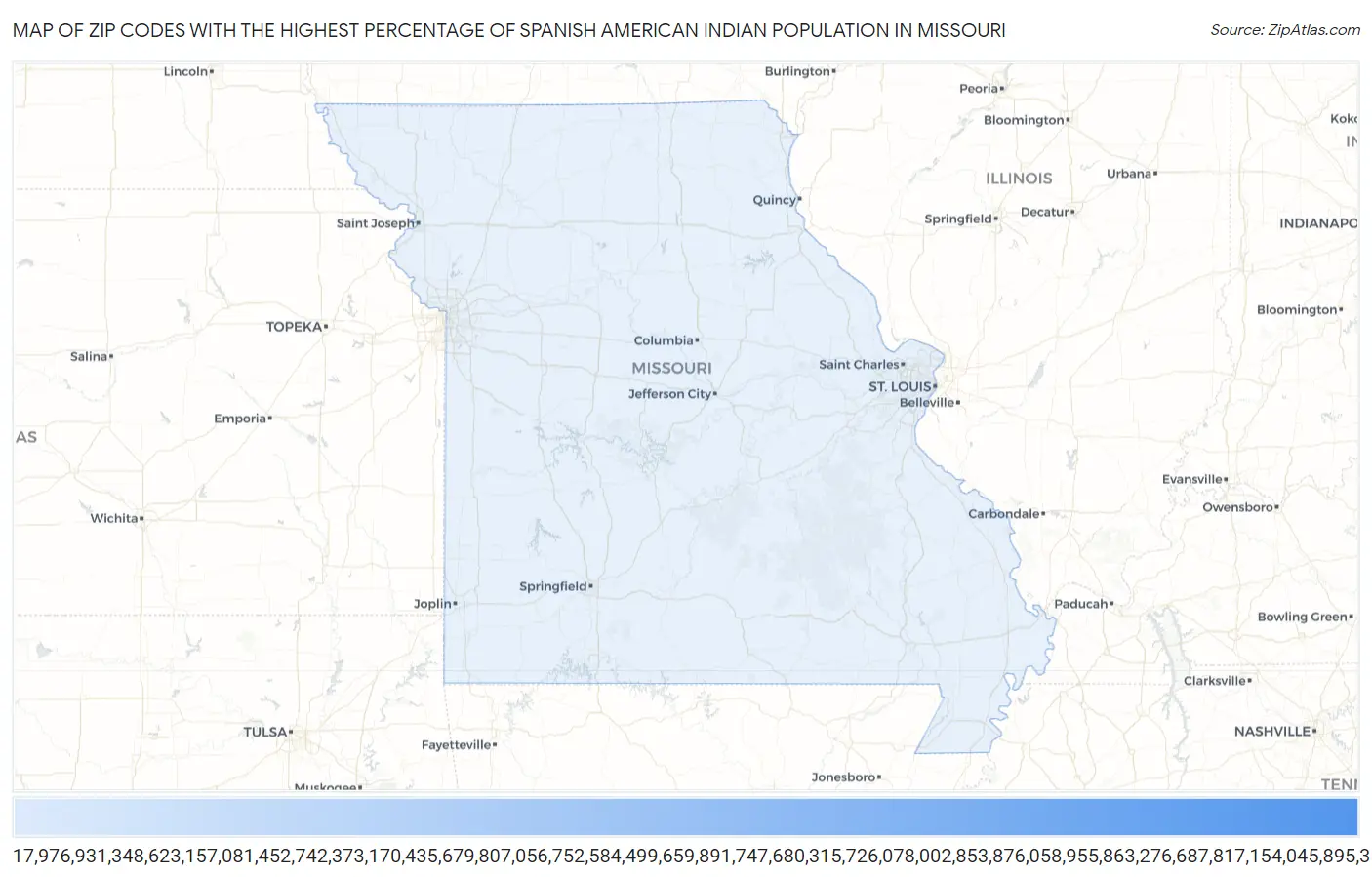 Zip Codes with the Highest Percentage of Spanish American Indian Population in Missouri Map