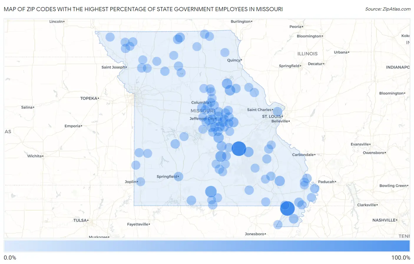 Zip Codes with the Highest Percentage of State Government Employees in Missouri Map