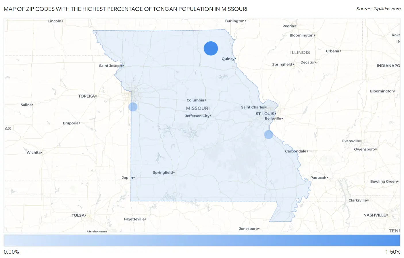Zip Codes with the Highest Percentage of Tongan Population in Missouri Map