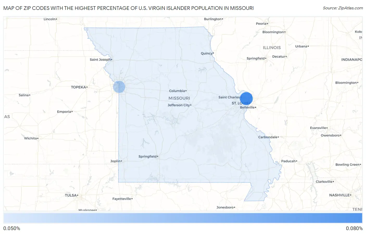 Zip Codes with the Highest Percentage of U.S. Virgin Islander Population in Missouri Map