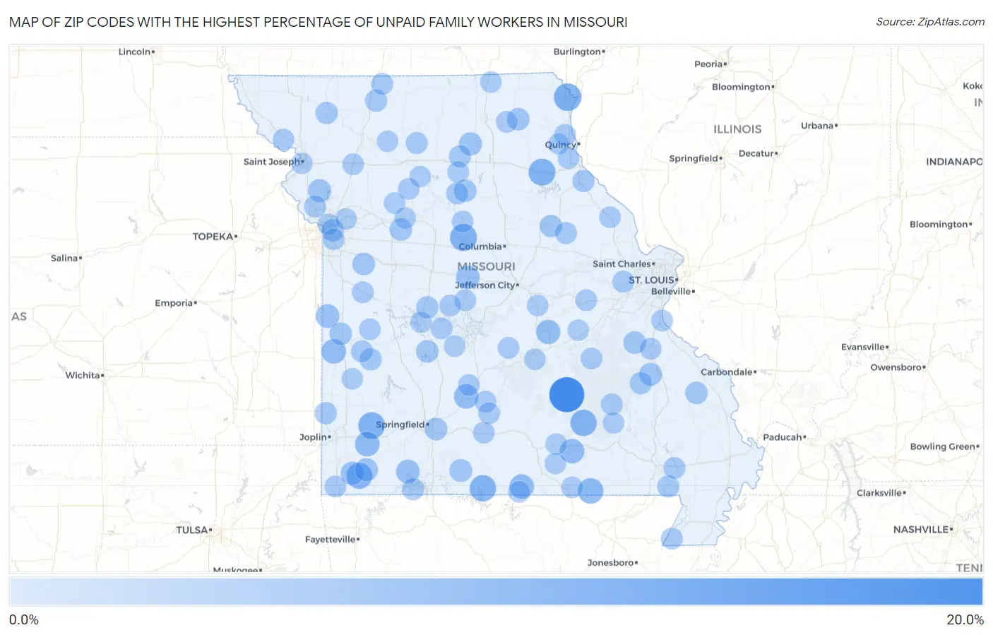 Zip Codes with the Highest Percentage of Unpaid Family Workers in Missouri Map