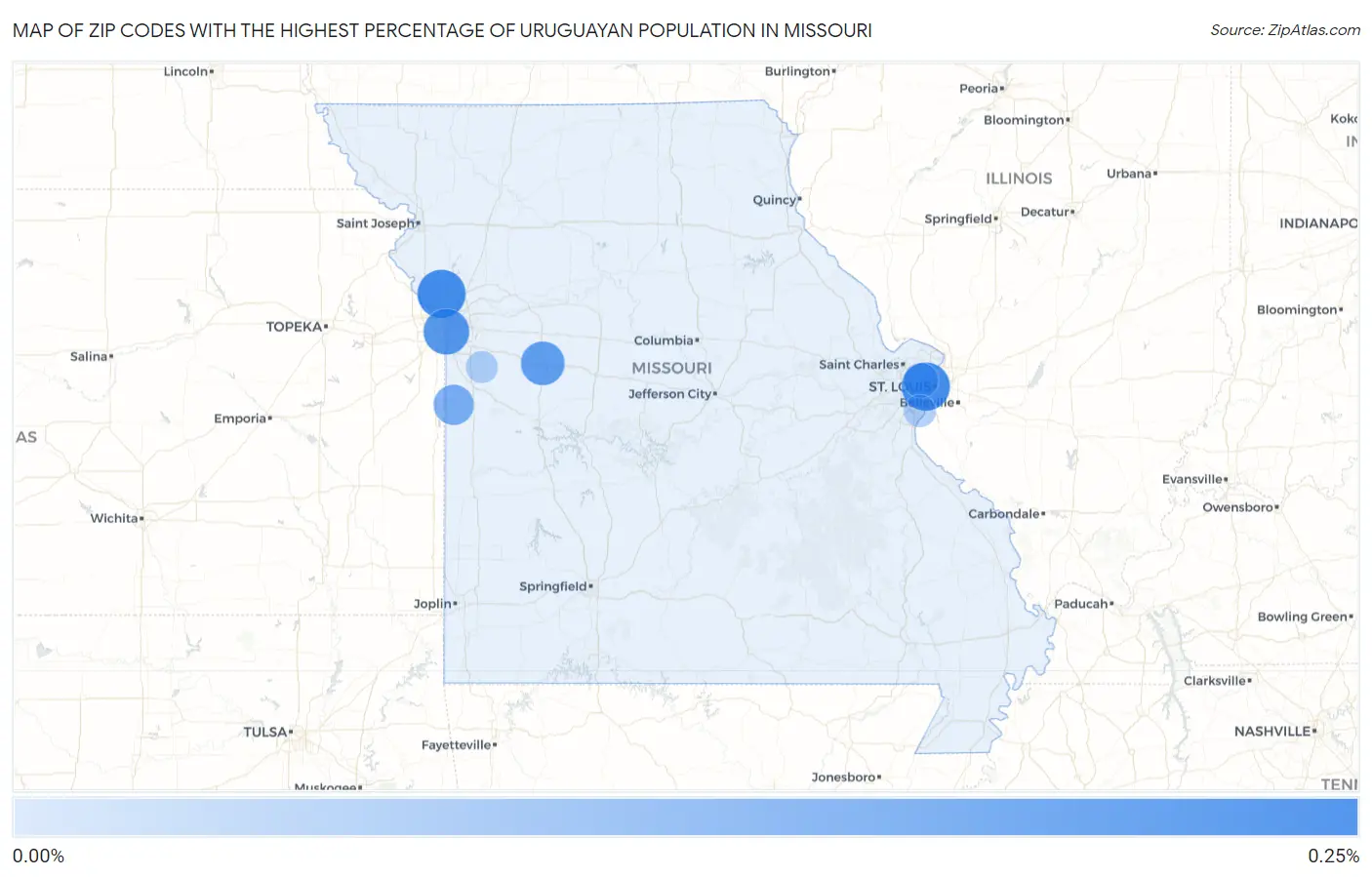 Zip Codes with the Highest Percentage of Uruguayan Population in Missouri Map
