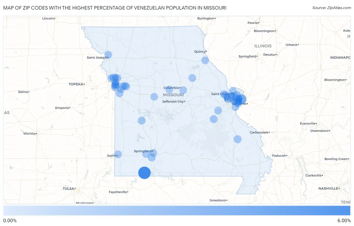 Zip Codes with the Highest Percentage of Venezuelan Population in Missouri Map
