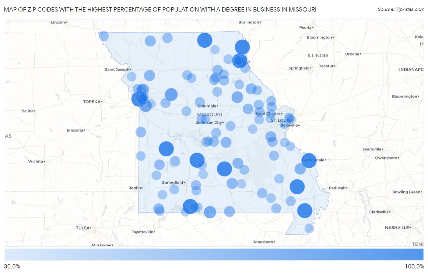 Zip Codes with the Highest Percentage of Population with a Degree in Business in Missouri Map