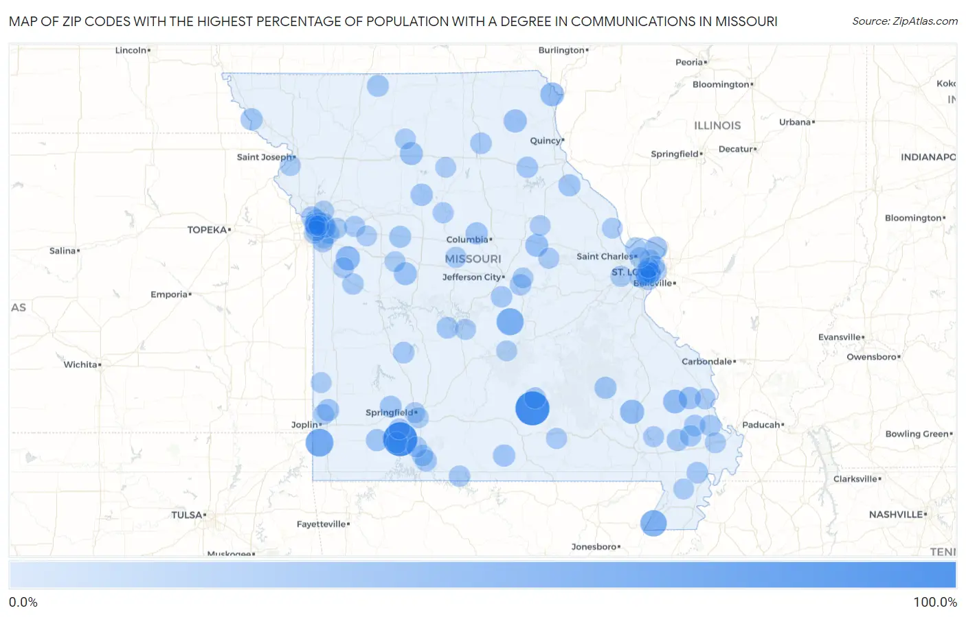Zip Codes with the Highest Percentage of Population with a Degree in Communications in Missouri Map