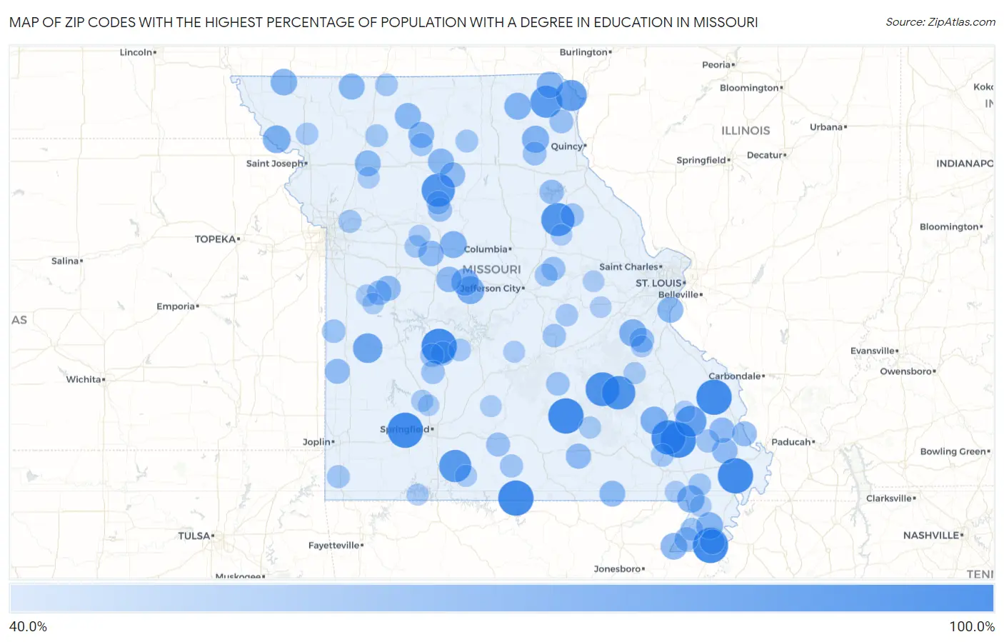 Zip Codes with the Highest Percentage of Population with a Degree in Education in Missouri Map