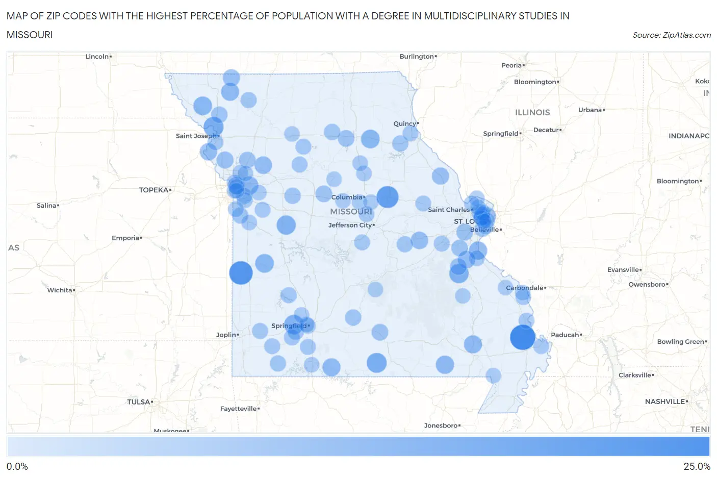 Zip Codes with the Highest Percentage of Population with a Degree in Multidisciplinary Studies in Missouri Map