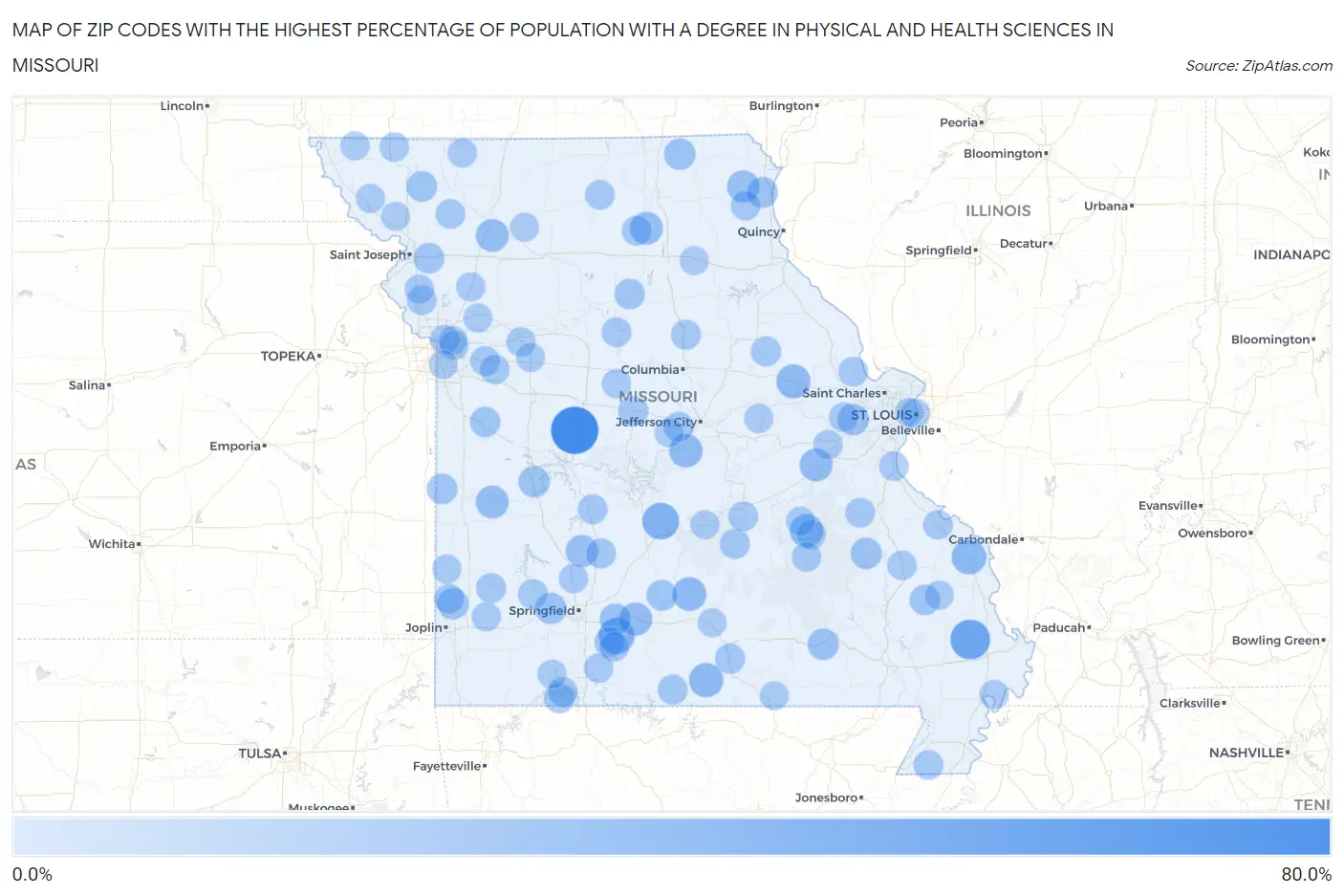 Zip Codes with the Highest Percentage of Population with a Degree in Physical and Health Sciences in Missouri Map