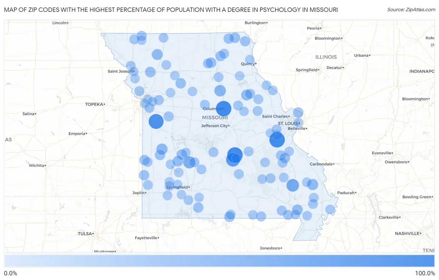 Zip Codes with the Highest Percentage of Population with a Degree in Psychology in Missouri Map