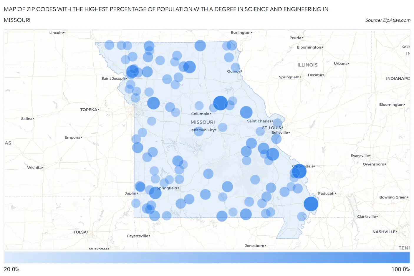 Zip Codes with the Highest Percentage of Population with a Degree in Science and Engineering in Missouri Map