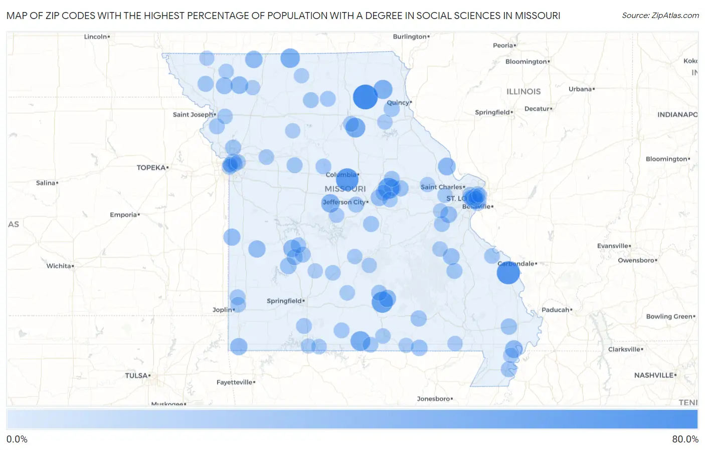 Zip Codes with the Highest Percentage of Population with a Degree in Social Sciences in Missouri Map