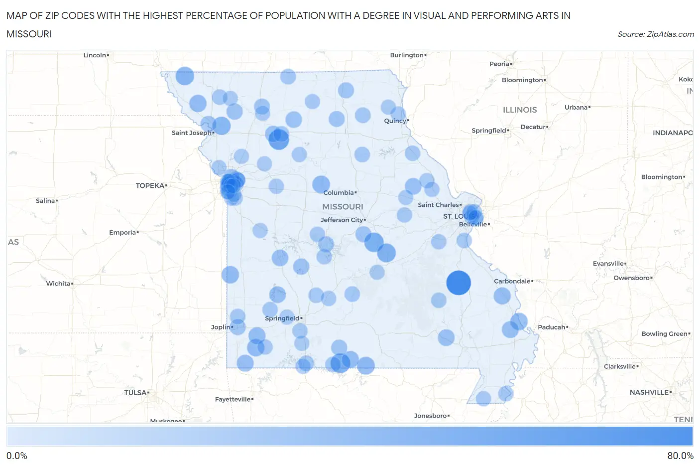 Zip Codes with the Highest Percentage of Population with a Degree in Visual and Performing Arts in Missouri Map